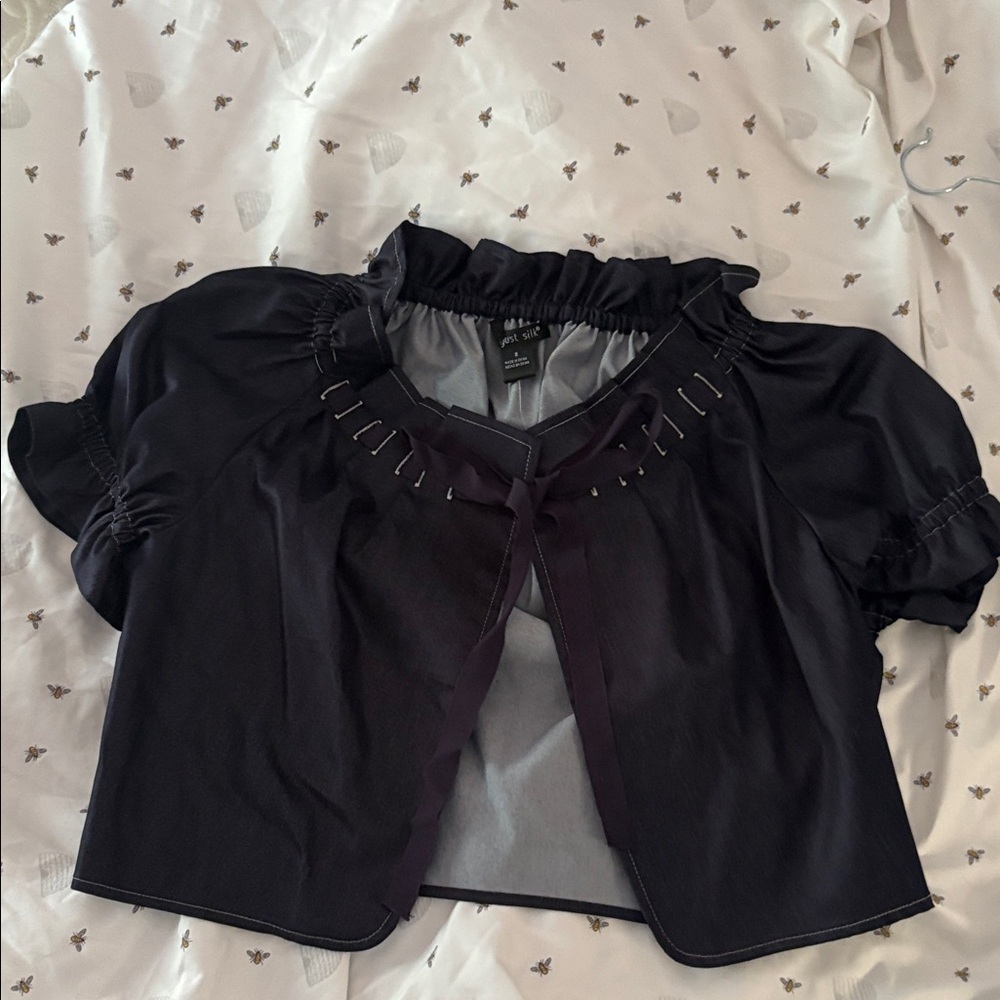 August Silk Dark Blue blouse with Ribbon Tie Detail